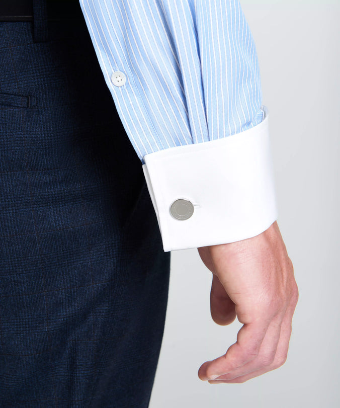 Pale Blue & White Tailored Fit Double Cuff Dandy Stripe Formal Shirt