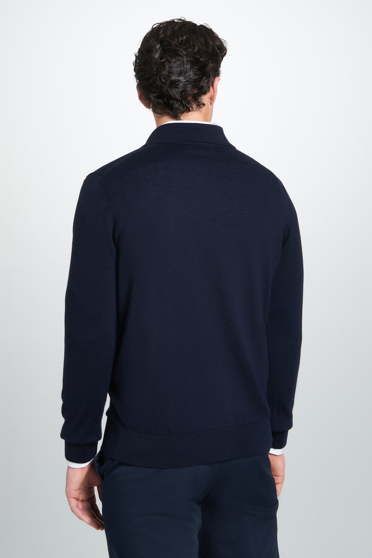Navy Merino Wool Long Sleeve Polo Shirt