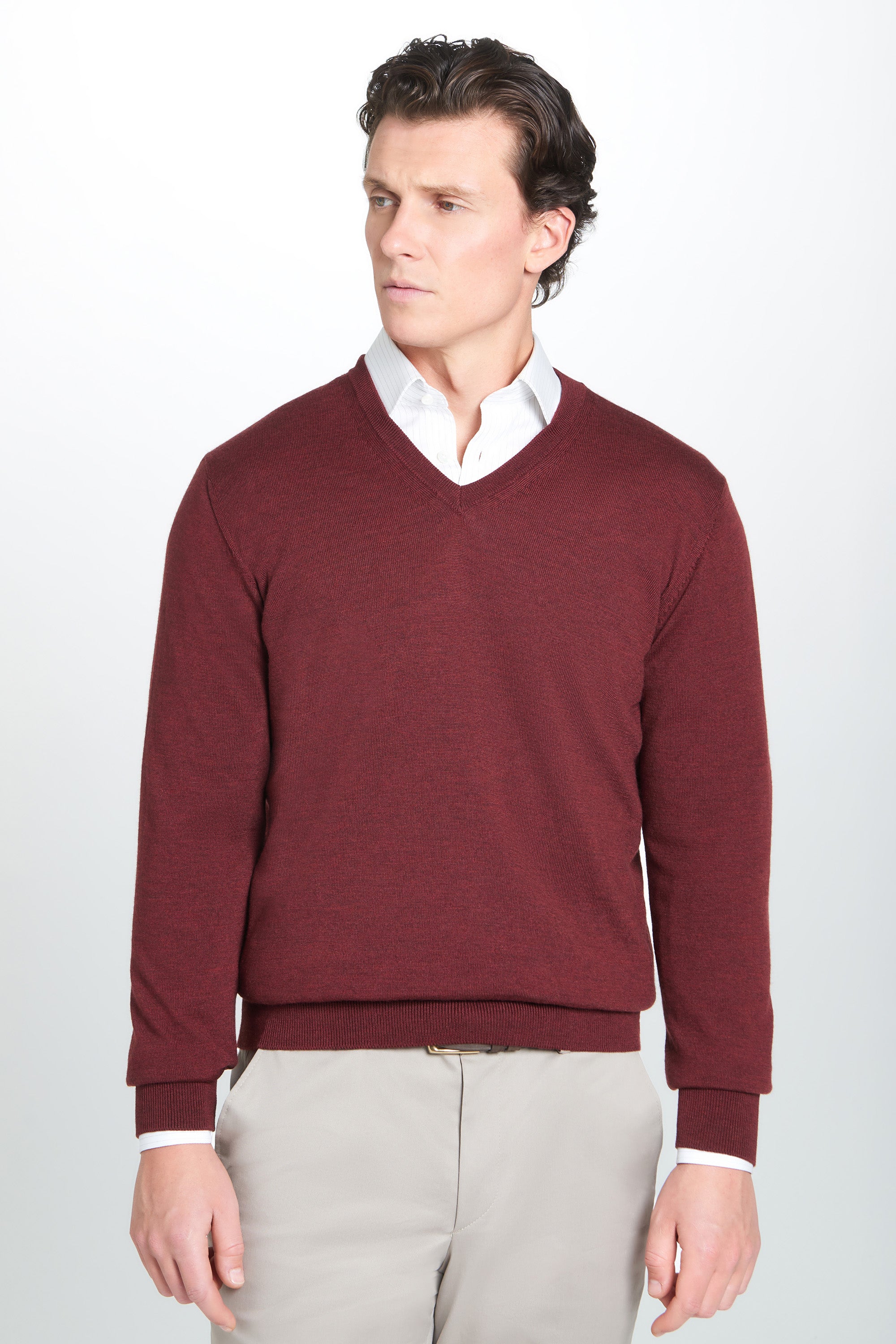 Burgundy Merino Wool V-Neck Sweater