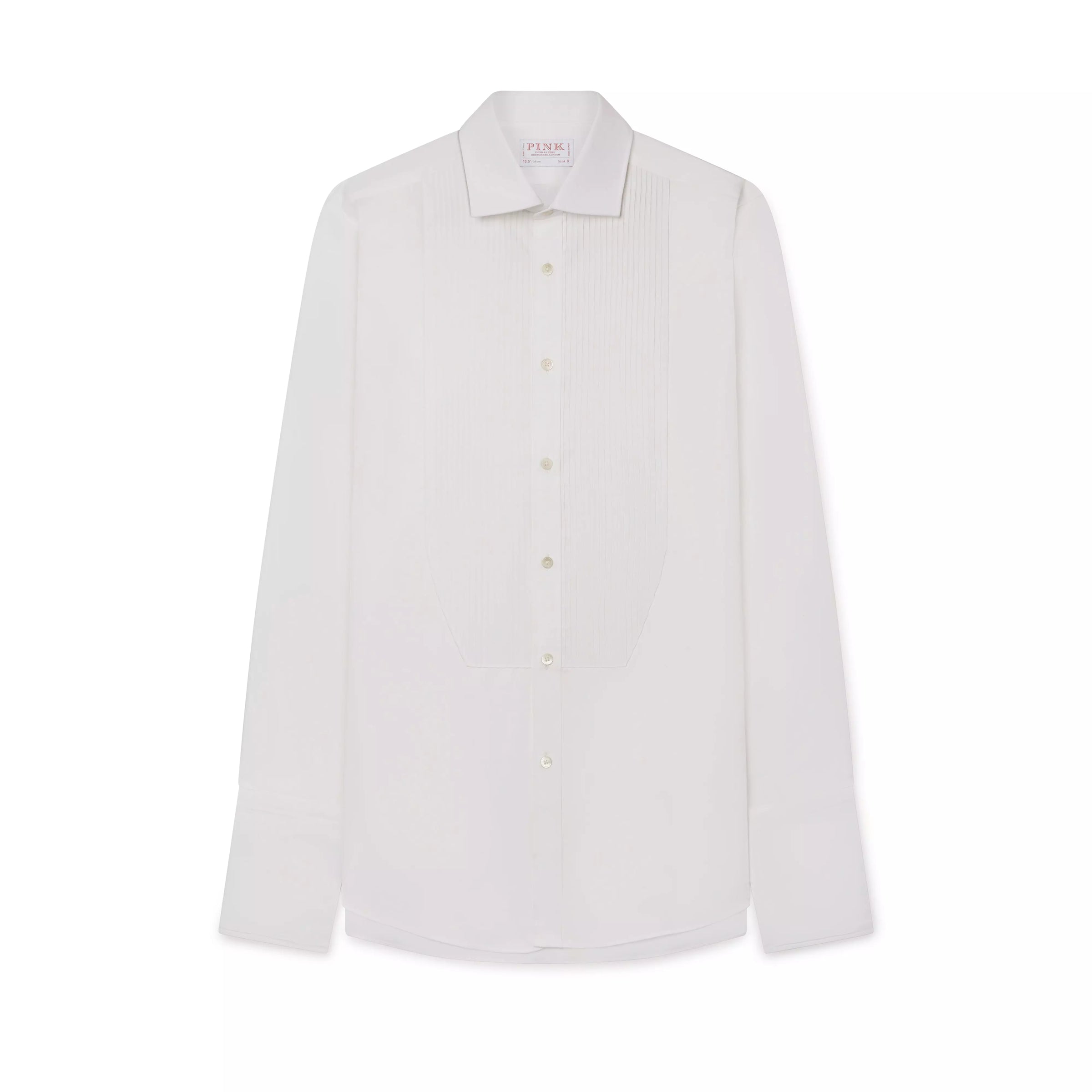 White Slim Fit Evening Double Cuff Pleat Front Plain Poplin Shirt