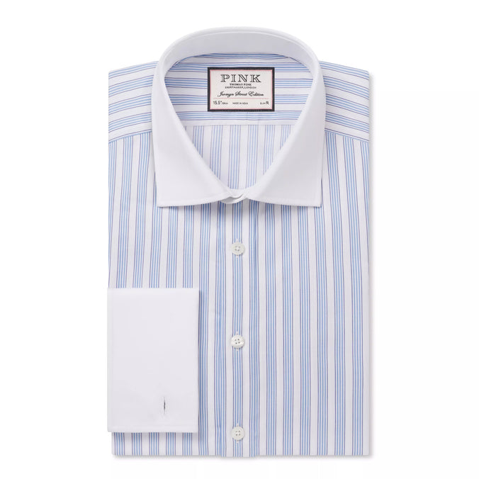 Pale Blue & White Slim Fit Formal Double Cuff Barbican Stripe Shirt