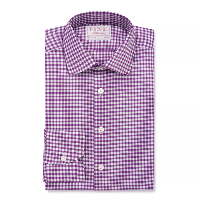 Purple & White Slim Fit Twill Mini Check Formal Shirt