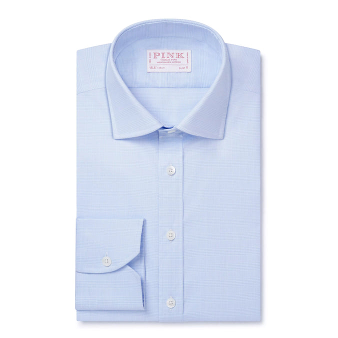 Pale Blue & White Slim Fit Prince of Wales Check Formal Shirt